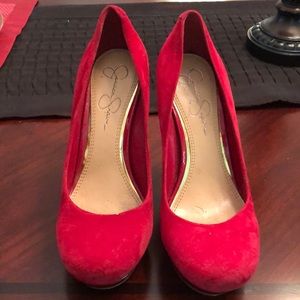 Red Jessica Simpson suede heels